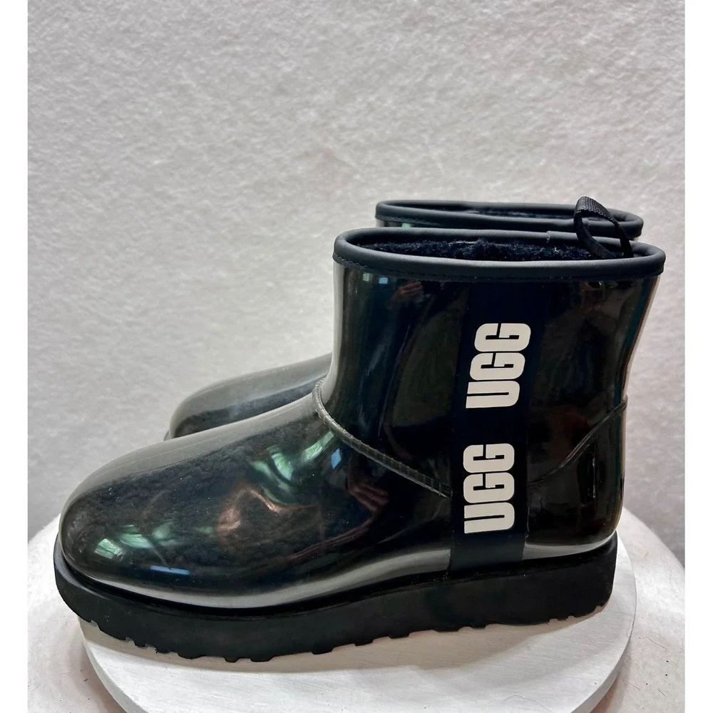 UGG Classic Clear Mini Black Waterproof Faux Shearling Boots 1113190 Womens 9